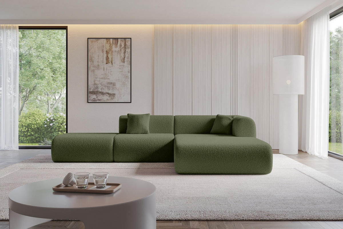 ECKSOFA Ottomane Rechts OVLY-L 289x176x71 Grün Bouclé - Schwarz/Grün, Holzwerkstoff/Kunststoff (289/176cm) - ALTDECOR