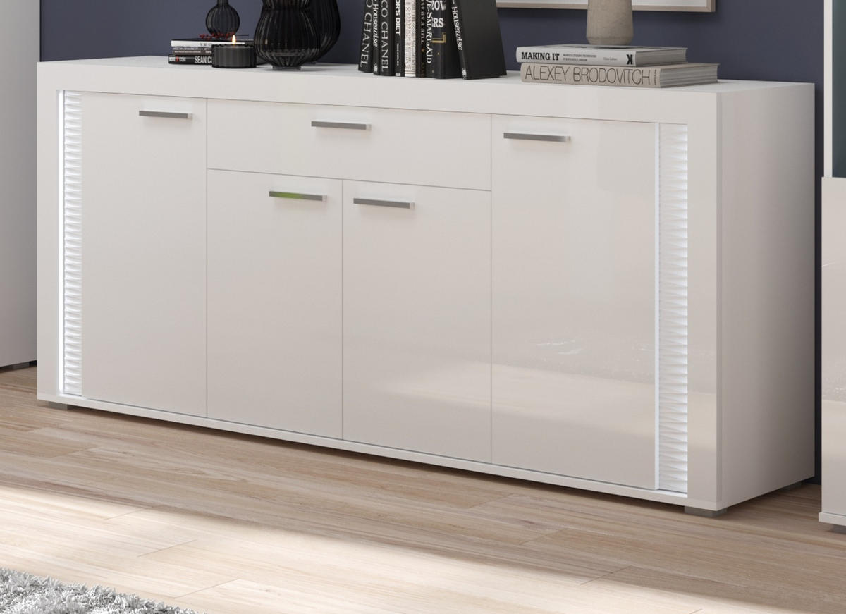 SIDEBOARD weiß Hochglanz 180 cm, mit Soft-Close-Funktion, inkl. Beleuchtung - Weiß Hochglanz/Silberfarben, Holzwerkstoff/Kunststoff (182/84/42cm) - Inn.Furn