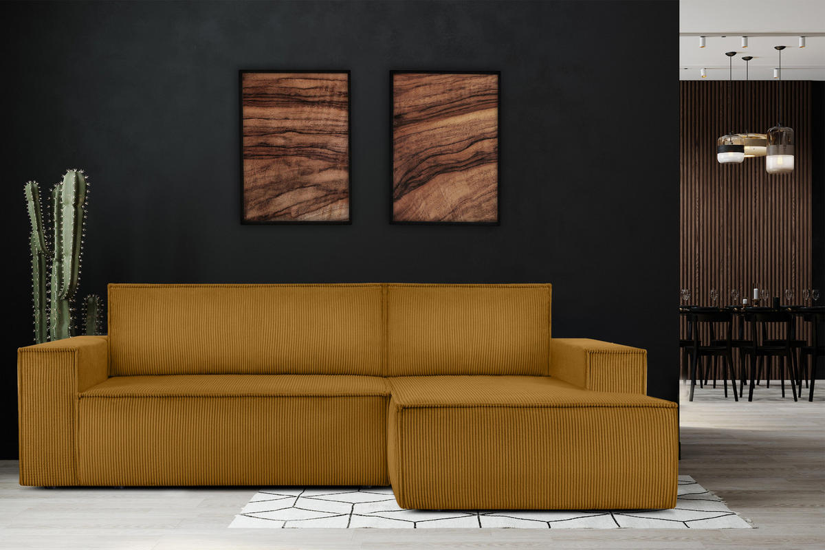 ECKSCHLAFSOFA-RECHTS NAPI in Pet Friendly Cord-Stoff, gelb - Gelb/Schwarz, Textil (262/148cm) - KONSIMO®