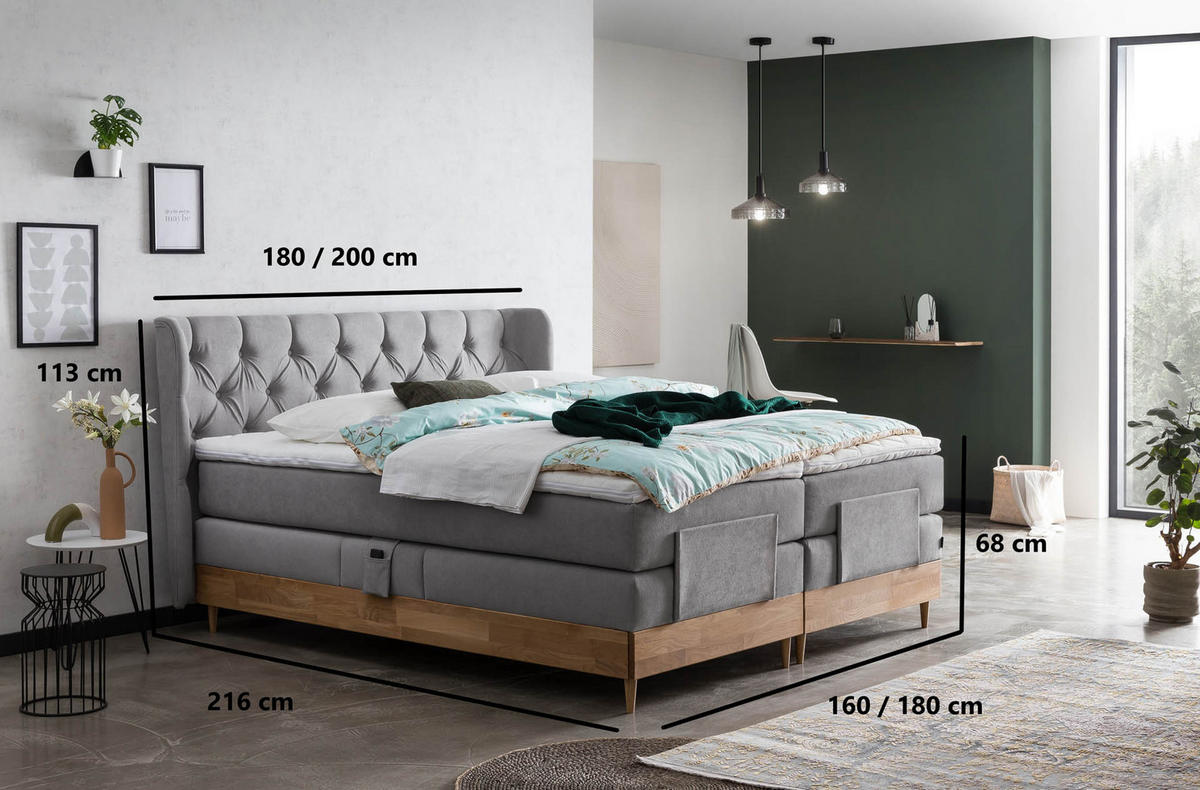 BOXSPRINGBETT ELEKTRISCH VERSTELLBAR EON 180x200 Hellgrau H2 und H3 Bett mit Motor 7-Zonen TFK Matratze inkl. Visco Topper Motorbett mit Eiche - Hellgrau, Textil (180/200cm) - Belanoti