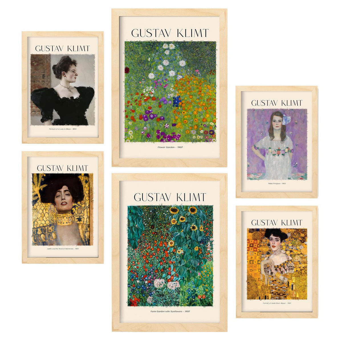 POSTER Set Mit 6 Klimt Blatt 2 Malergalerie A3 & A4 Rahmen Aus Hellem Holz - Beige, Papier (29/3cm) - Nacnic