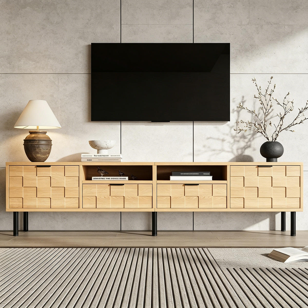 NÍZKÁ SKŘÍŇKA (LOWBOARD) dekor přírodního dřeva 200 cm pro 80palcovou TV, 3D dekor, 2 dvířka a 2 zásuvky - přírodní, kompozitní dřevo (200/44.5/35cm) - Urban Meuble