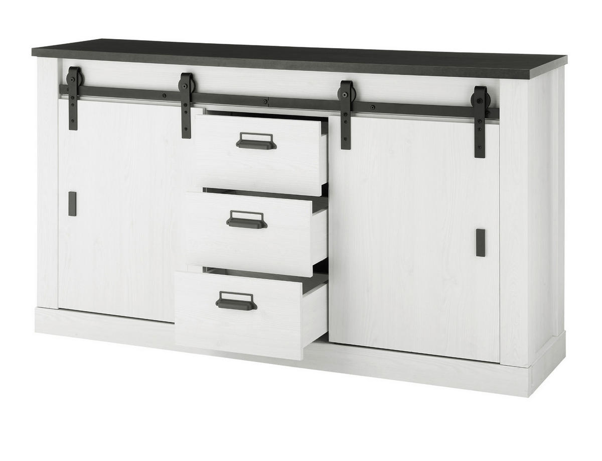 AKTENSCHRANK weiß Pinie, anthrazit Landhaus, Sideboard 162 cm mit Soft-Close - Anthrazit/Weiß, Holzwerkstoff/Metall (162/91/43cm) - Furn.Design