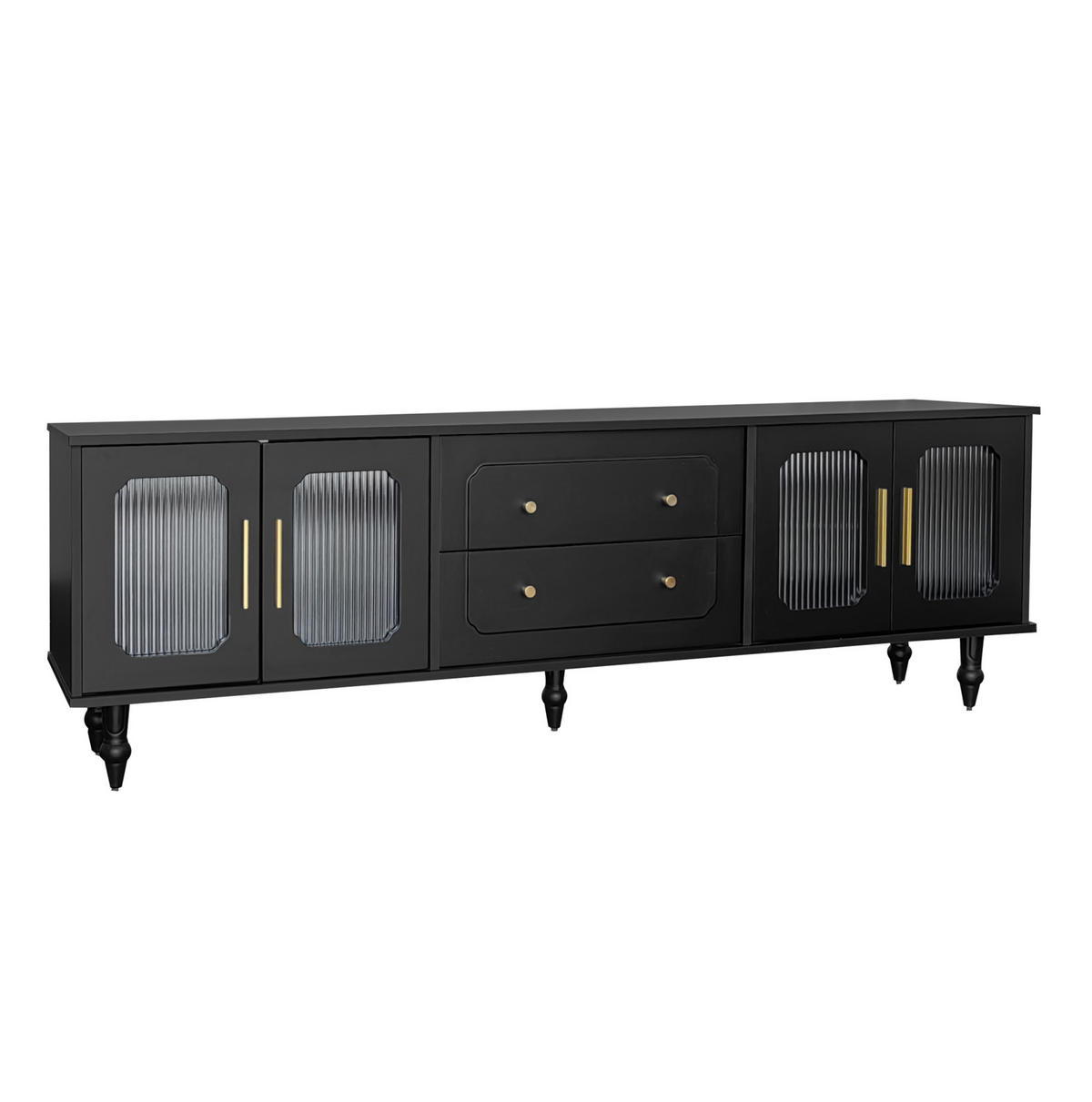 TV-LOWBOARD aus Holzwerkstoff 177x38x55,5 cm Schwarz mit geriffeltem Glas, Push-to-Open und goldfarbenen Griffen - Schwarz, Holzwerkstoff (175/55.5/38cm) - Modfu
