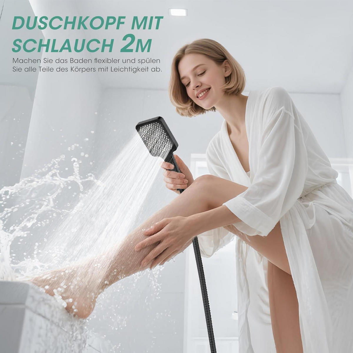DUSCHKOPF mit Schlauch 2M, Hochdruck, Regendusche, Wassersparend, Chrom - Schwarz, Metall (12/12.7/25.7cm)