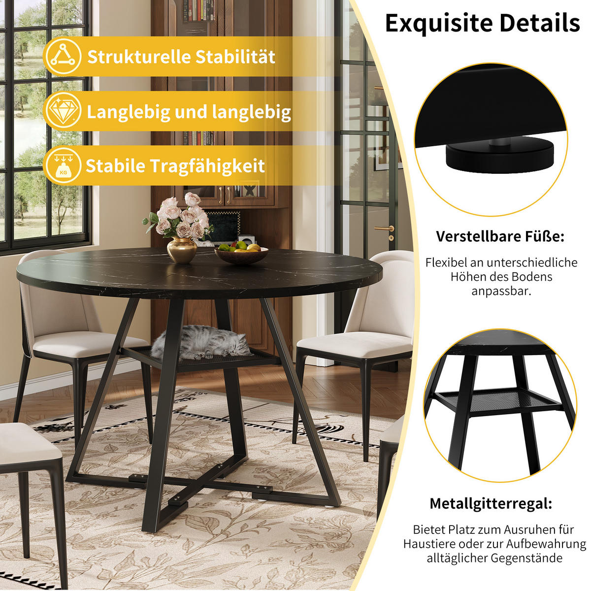 ESSTISCH rund 120 cm Schwarz in Marmoroptik mit Metallgestell und Ablage - Schwarz, Holzwerkstoff (120/120/75cm) - OKWISH