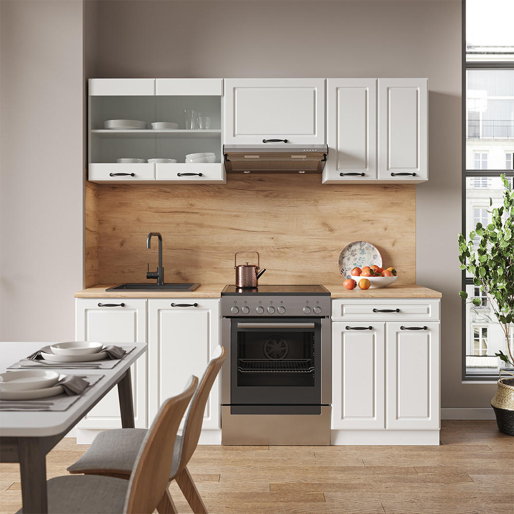 KÜCHENZEILE R-Line Weiß Landhaus/Weiß 200 cm, AP Marmor - Weiß, Holzwerkstoff (200/81.6/60cm) - Vicco