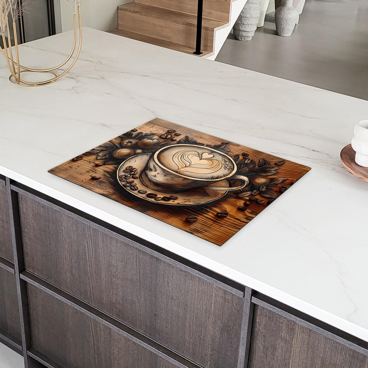 HERDABDECKPLATTE Kaffee - Vintage - Braun - Tasse - Holz Herdabdeckung Induktionsfeld 70x52 cm - Cappuccino, Kunststoff (70/52/0.2cm) - MuchoWow