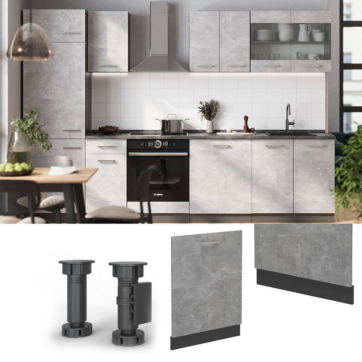 GESCHIRRSPÜLBLENDE R-Line Beton 60 cm , AP Eiche - Schieferfarben/Anthrazit, Holzwerkstoff (60/81.8/1.6cm) - Vicco