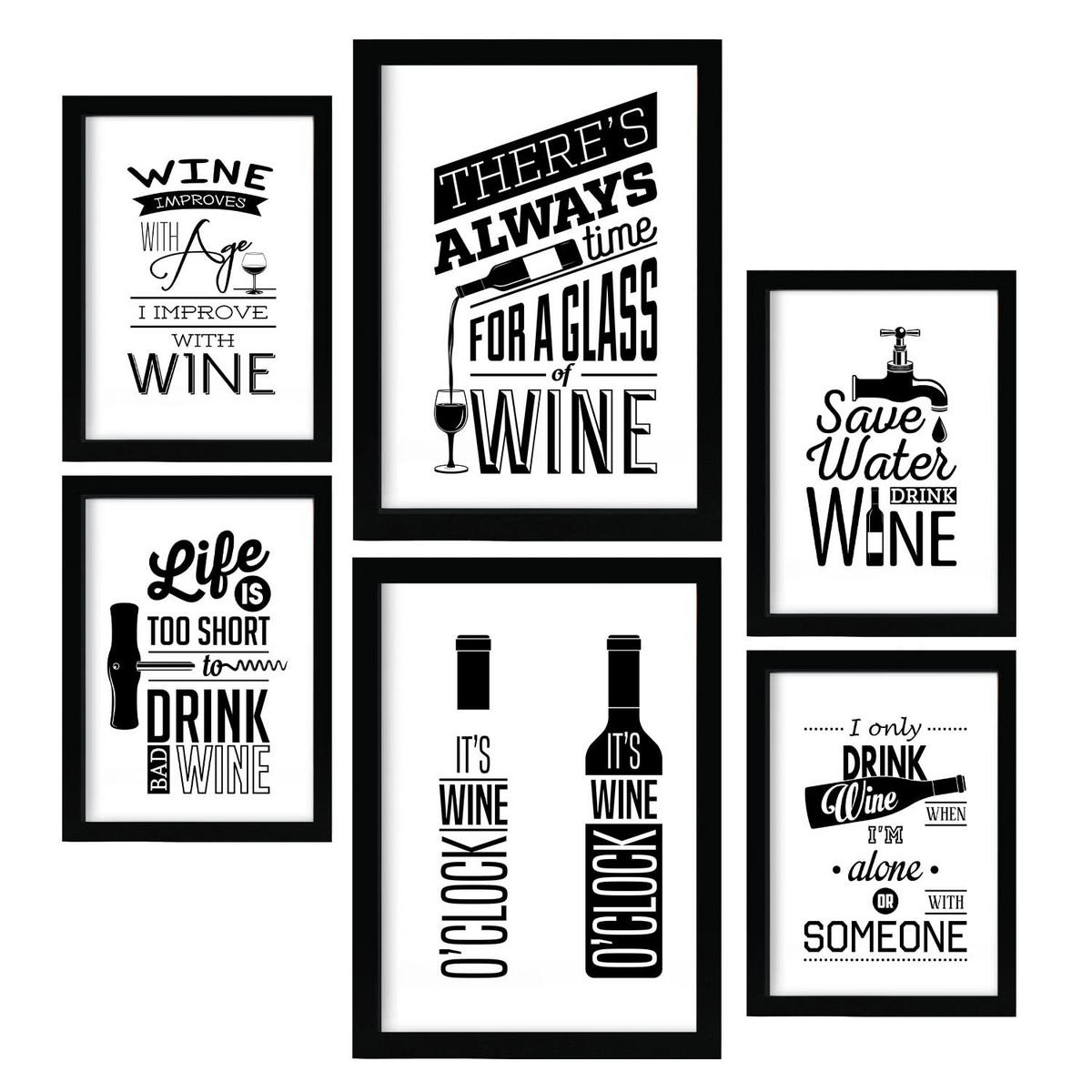 POSTER Set Mit 6 Weingetränk Größe A3 & A4 Schwarzer Rahmen - Schwarz, Papier (29.7/1cm) - Nacnic