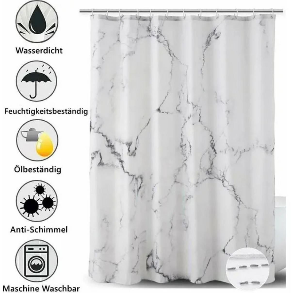 DUSCHVORHANG Polyester 180 x 200 cm Marmor Muster wasserdicht waschbar mit Saum - Grau, Textil (180/200cm) - MCBOSON