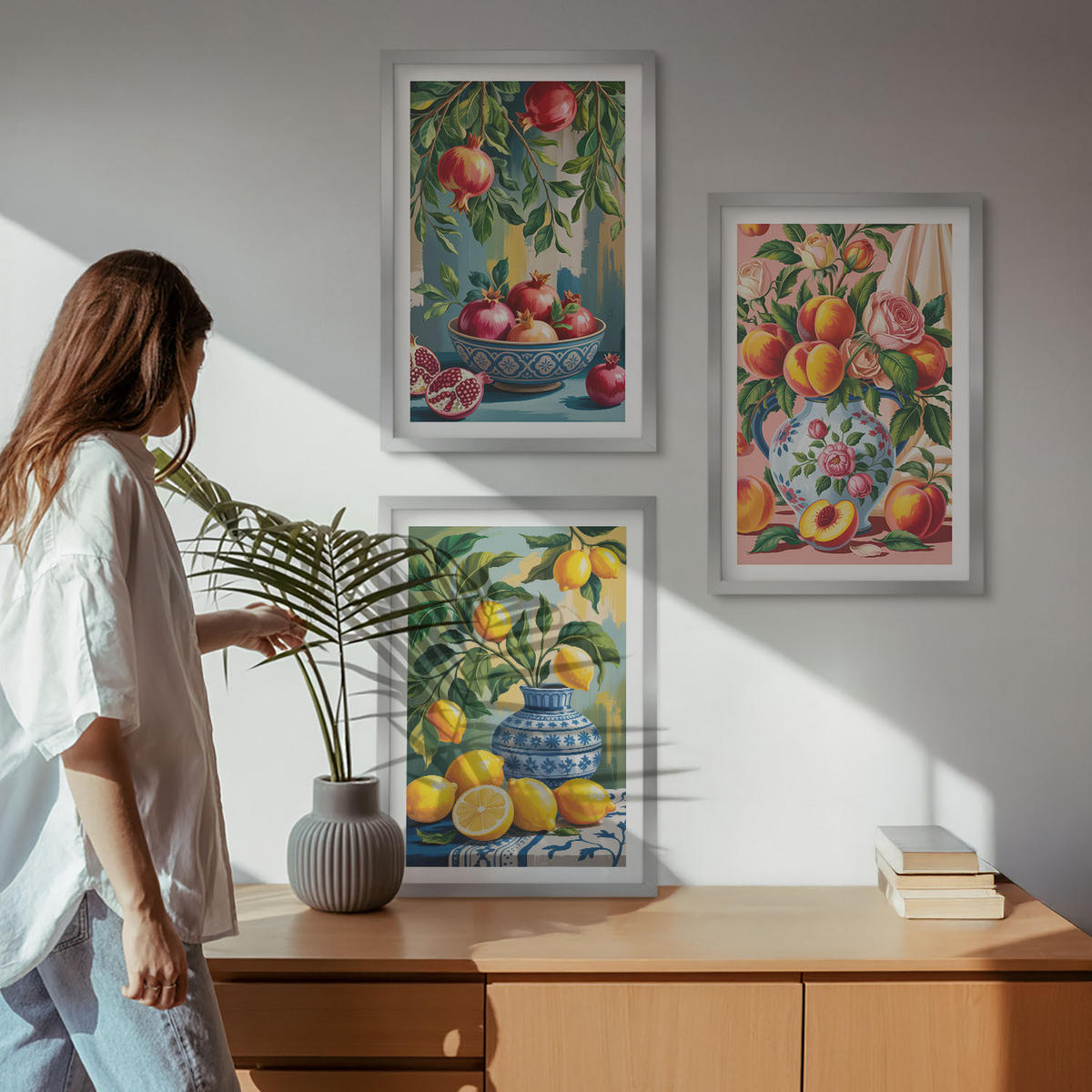 BILDER SET 3er Set - 40x60 cm Silberner Rahmen - Fruchtzusammensetzung von Granatäpfeln - Silberfarben, Kunststoff (40/60cm) - TULUP