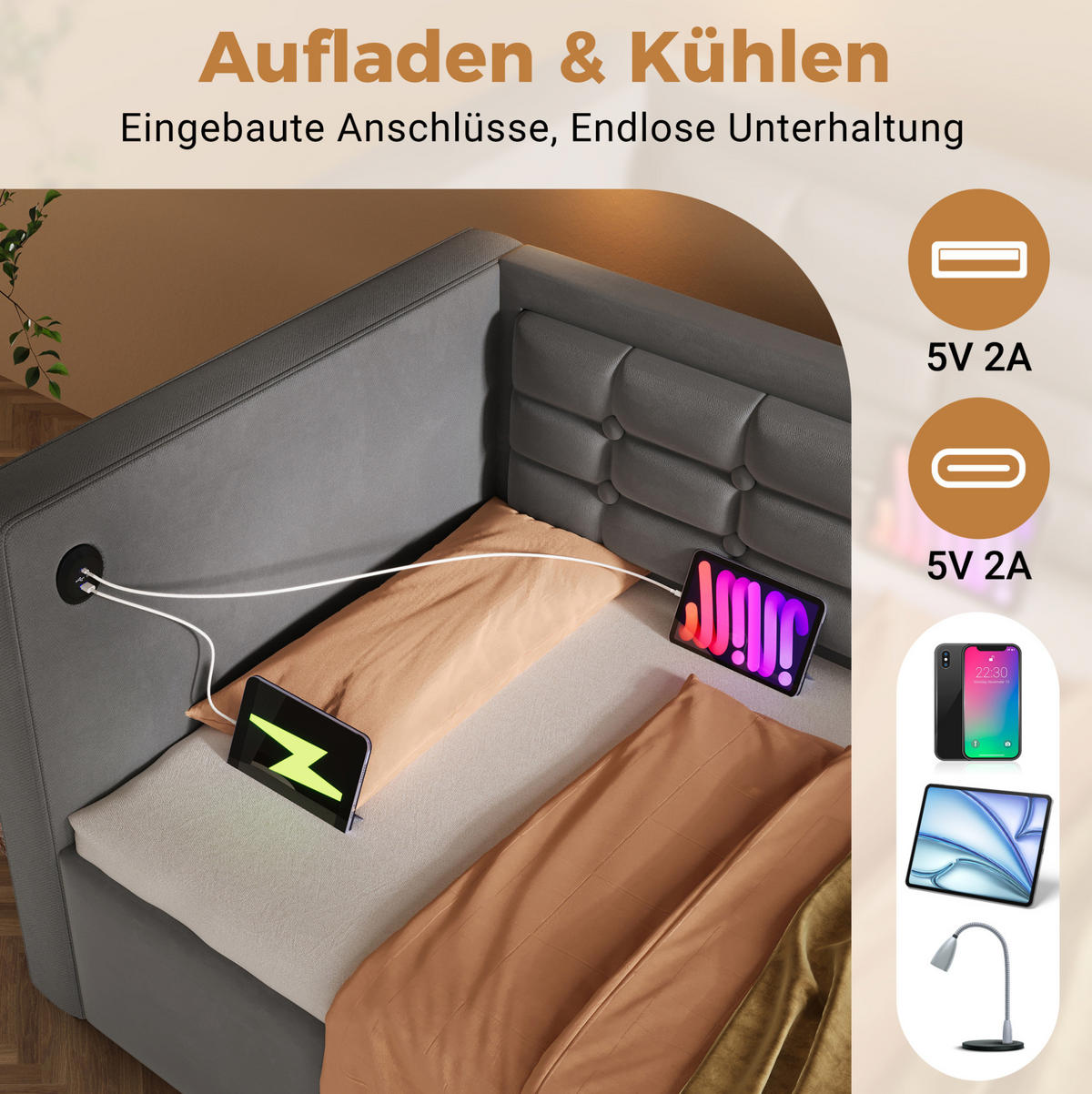 POLSTERBETT aus Samt 90x200 cm in Grau mit Stauraum & Ladestation - Grau, Textil (90/200cm) - Modfu