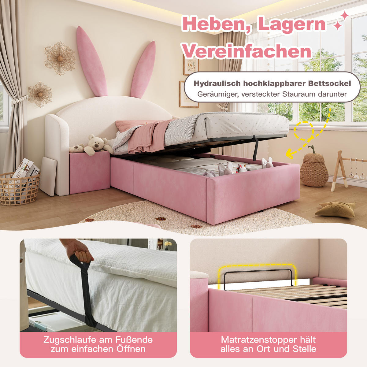 JUGENDBETT 90/200 cm in Beige & Rosa Samt mit Bettkasten und Nachttisch - Beige/Rosa, Holzwerkstoff/Textil (90/200cm) - WISHDOR