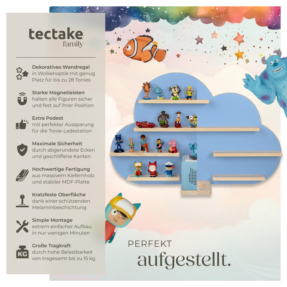 WANDREGAL Mylittlestory Cloud,76 x 15,5 x 50 cm, blau - Blau, Holz (76/50/15.5cm) - tectake