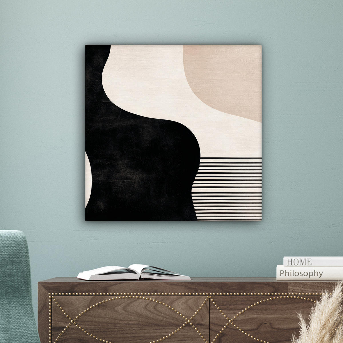 LEINWANDBILD Abstrakt - Japandi - Beige - Modern 50x50 cm - Schwarz, Textil (50/50cm) - MuchoWow