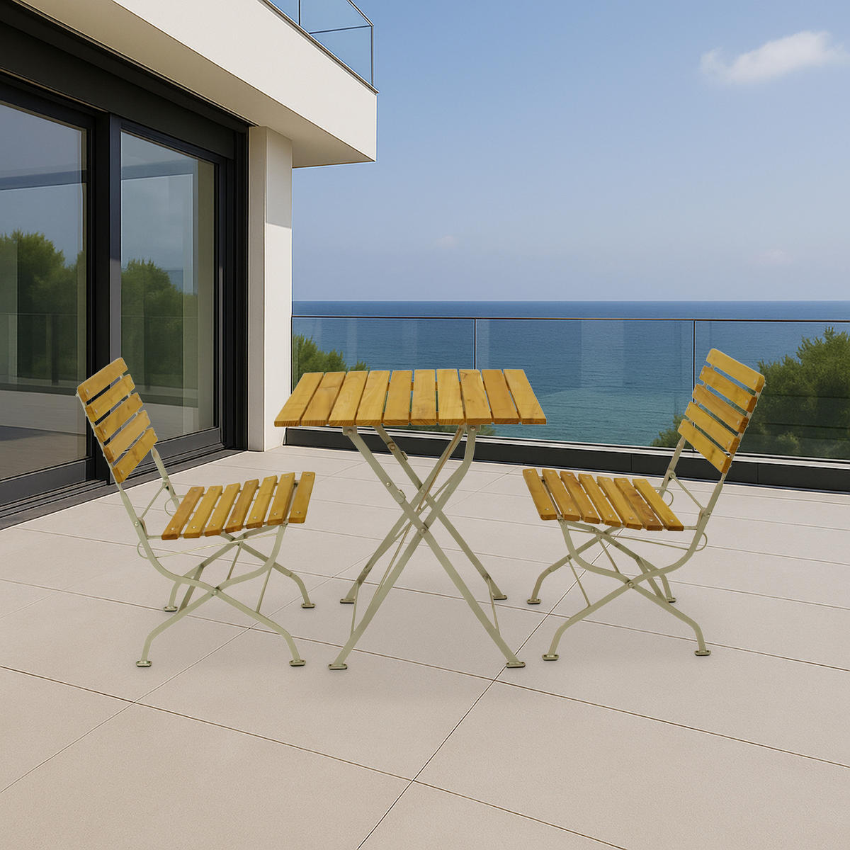 BISTRO Set Genf - Gartenmöbel Garten-Garnitur 3-teilig, Sitzgruppe für 2 Personen - Flachstahl verzinkt hellgrau - Robinienholz - Grau, Holz - TPFGarden