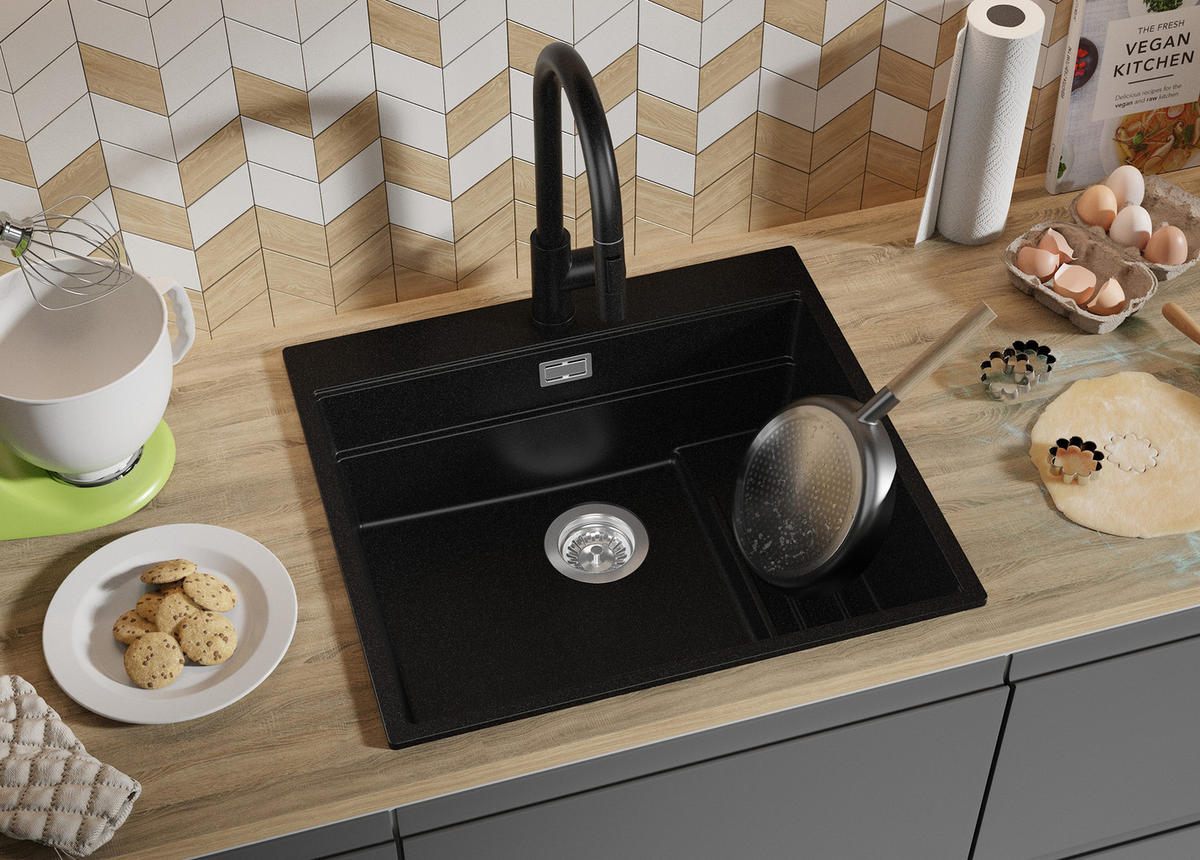 SPÜLBECKEN Oslo Max, 2-er set Alles Schwarz 58/53 cm 1 Becken + Ablauf-Set + Küchenzubehörset ab 60er Unterschrank - Schwarz, Kunststoff (58/20/53cm) - Primagran