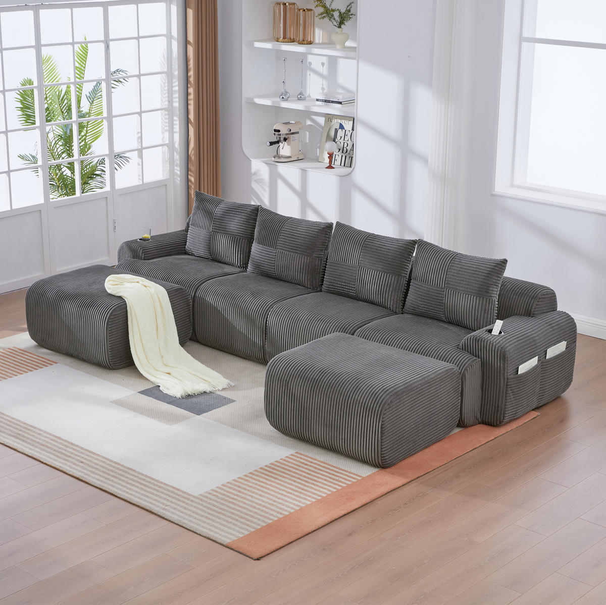 WOHNLANDSCHAFT modular 4-Sitzer mit 2 Hockern 333 x 174 cm Cord Dark Gray - Dunkelgrau, Kunststoff (174/80/333cm) - Meubliv