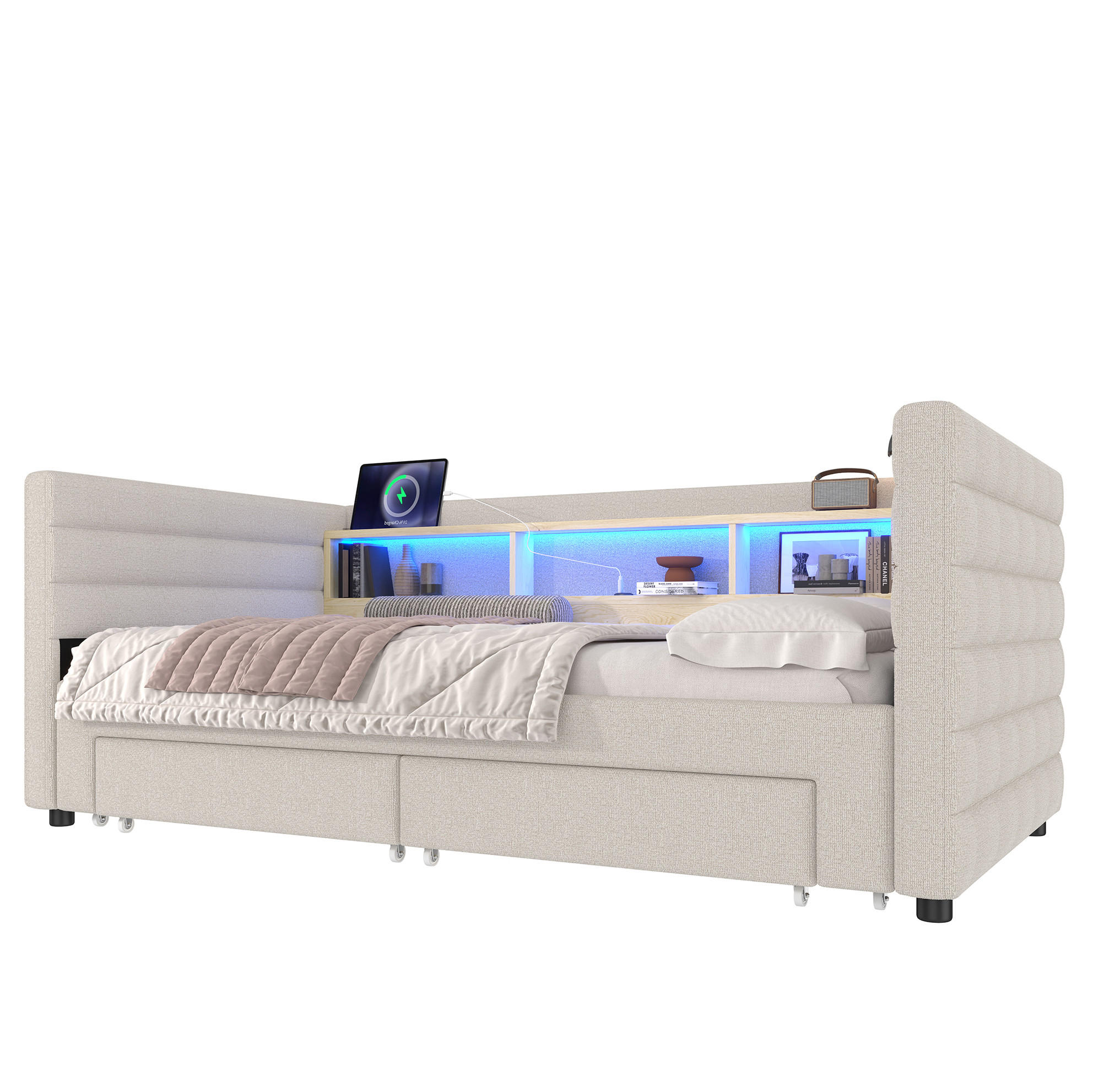 POLSTERBETT 90/190 cm Beige aus Samt mit Ausziehfunktion - Beige, Textil (90/190cm) - OKMYHOME