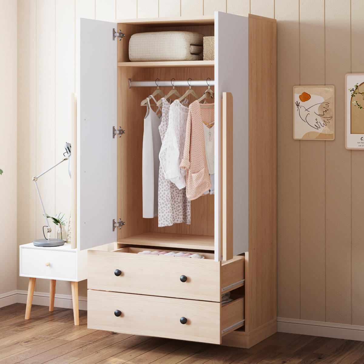 KLEIDERSCHRANK aus Holz 70x40x170 cm Natur/Weiß mit Doppeltüren und 2 Schubladen - Naturfarben, Holzwerkstoff (70/170/40cm) - Modfu