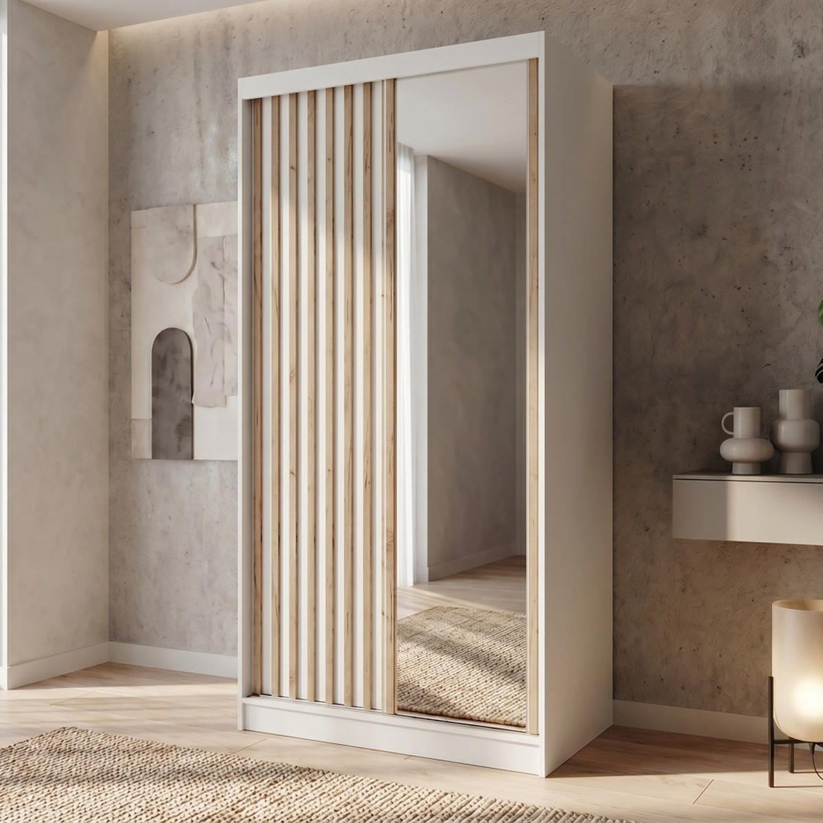 SCHWEBETÜRENSCHRANK Donatello mit 2 Türen. 100 cm, Weiß+eiche Artisan - Weiß/Eiche Artisan, Holzwerkstoff (100/205/60cm) - Beautysofa