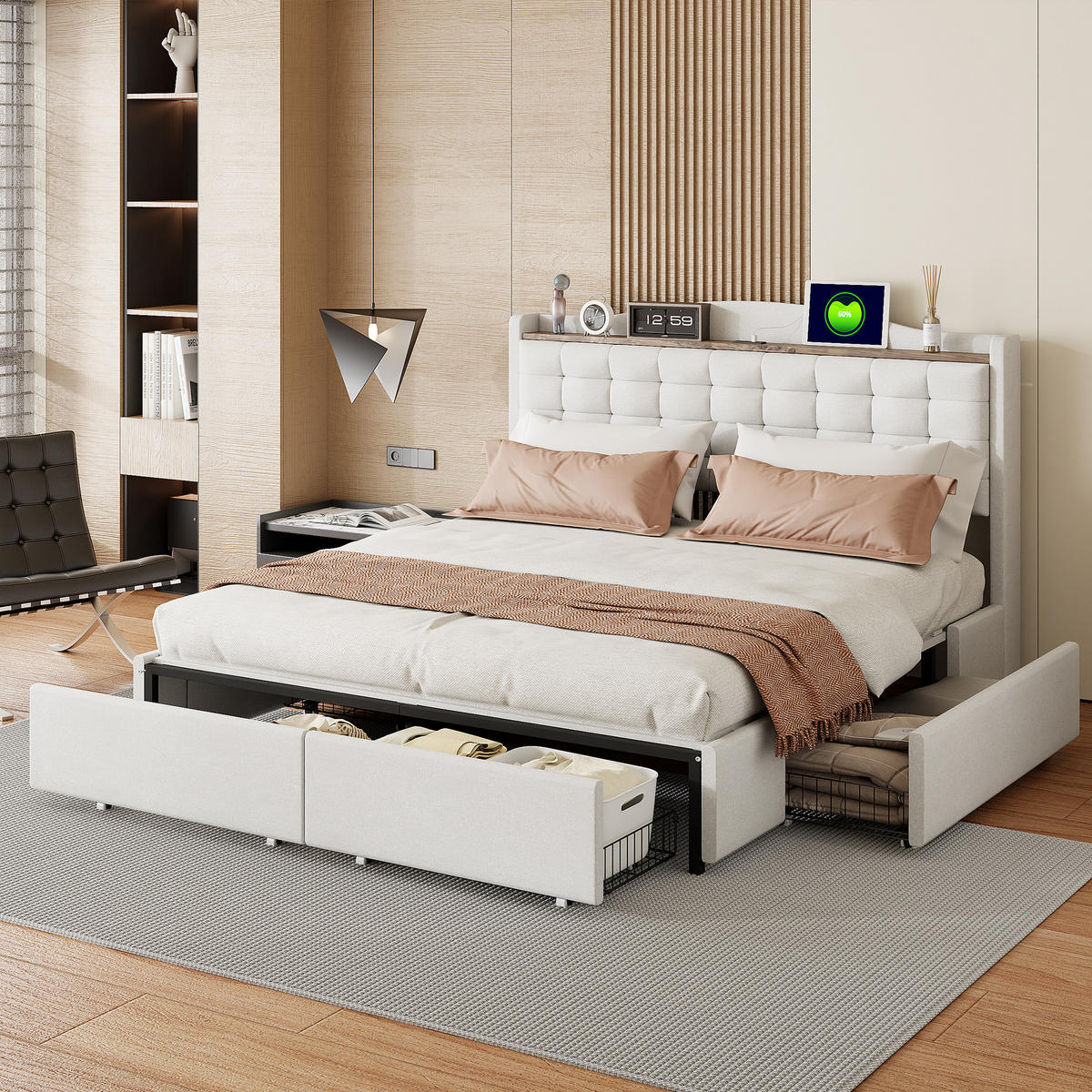 BETT beige 200/166/110 cm - Beige, Textil/Metall (160/200cm) - Urban Meuble
