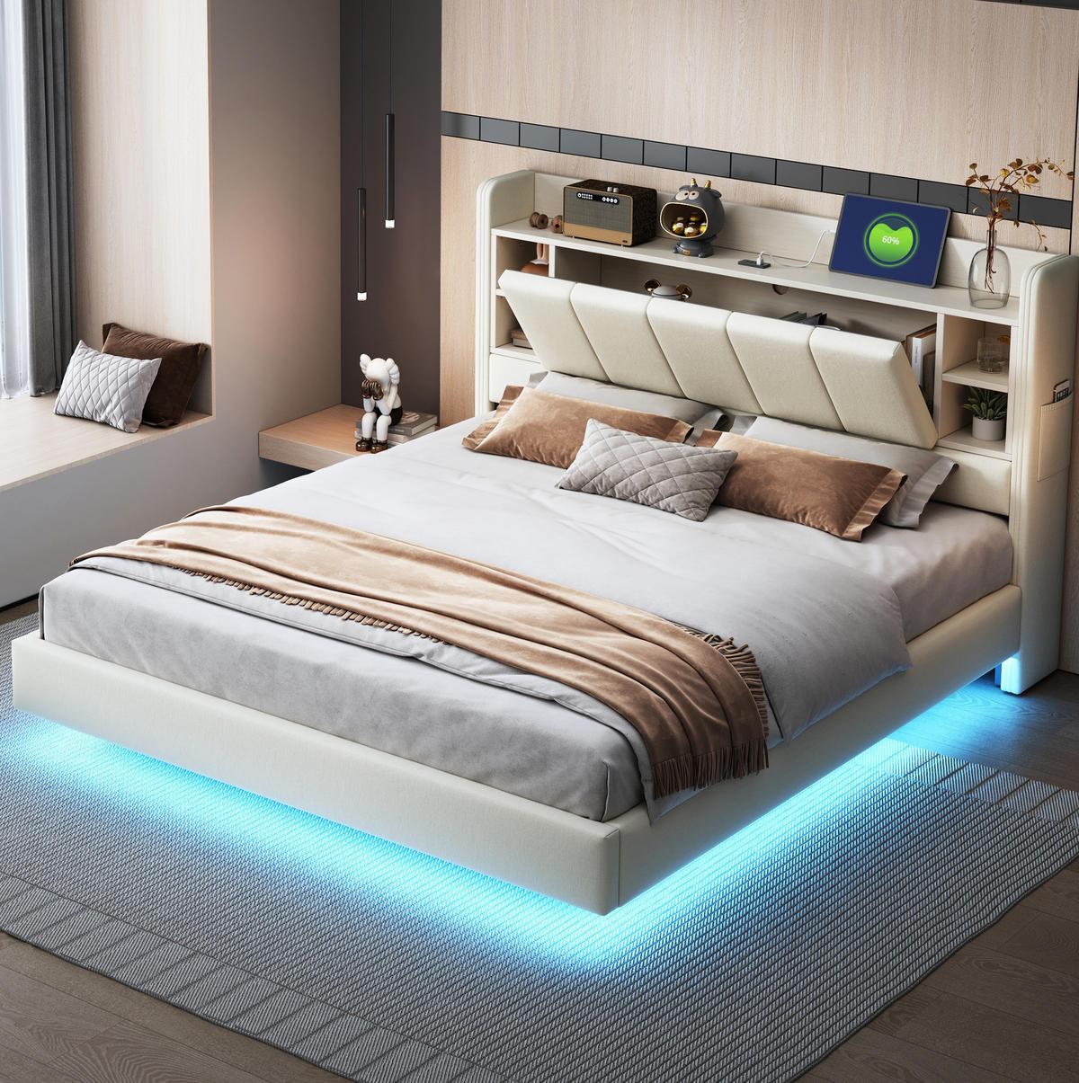 POLSTERBETT mit Stauraum und LED/USB 160x200 cm Beige - Beige, Metall (160/200cm) - Meubliv