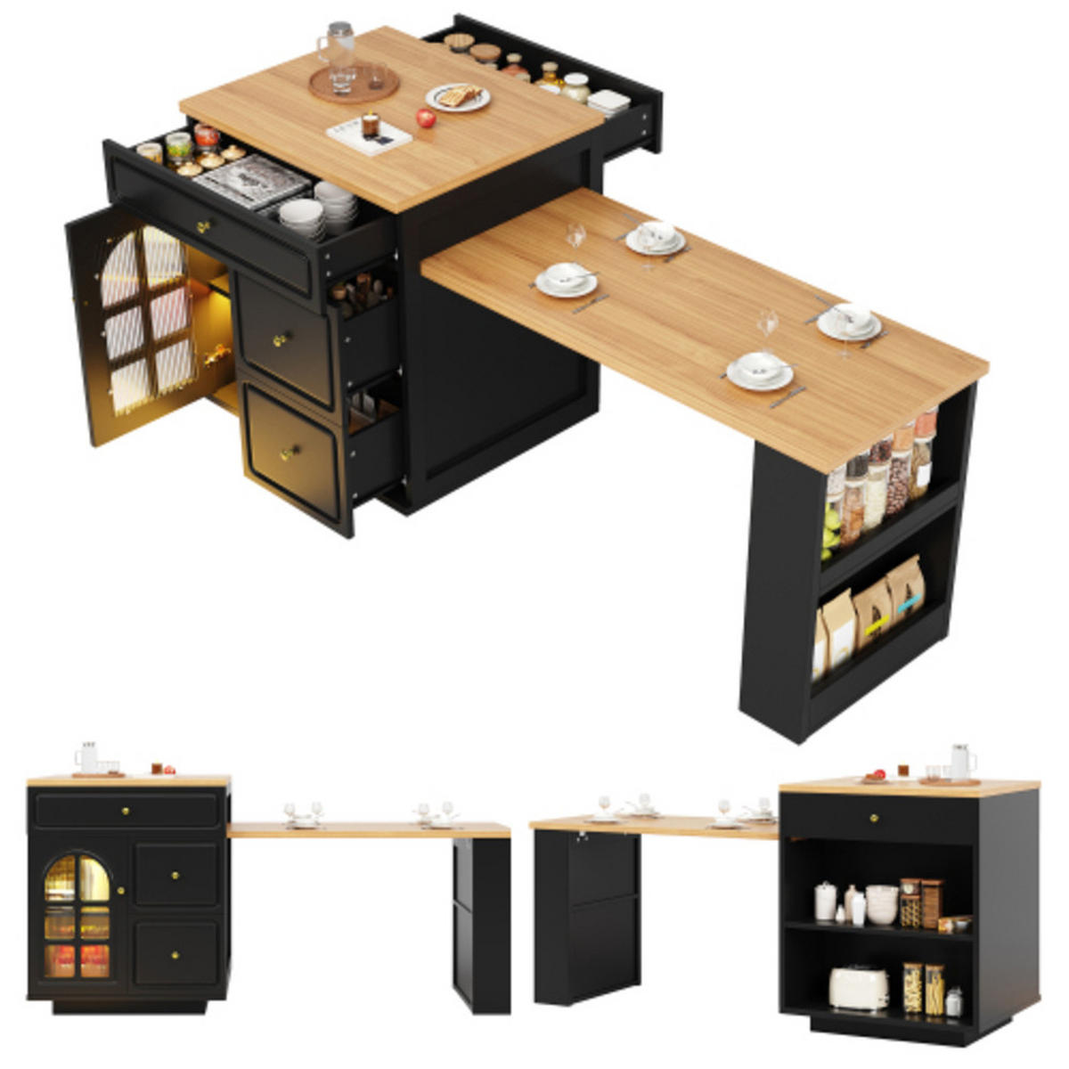 KÜCHENINSEL 122,5-195,5x59x93,5 cm aus MDF mit ausziehbarer Tischplatte, RGB-LED-Leiste, Glastür und goldenen Metallbeschlägen, schwarz - Schwarz, Holzwerkstoff (195.5/93.5/59cm) - Luhomfu