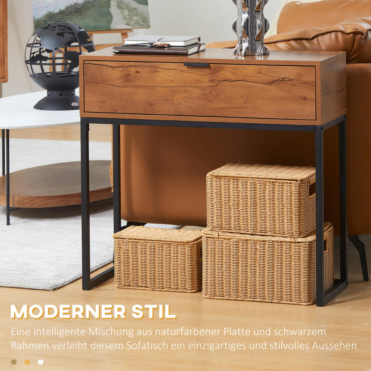 KONSOLENTISCH mit Schrank, Sofatisch Flurtisch im Industriedesign für Eingang - Naturfarben, Kunststoff/Metall (80/30/76cm) - HOMCOM