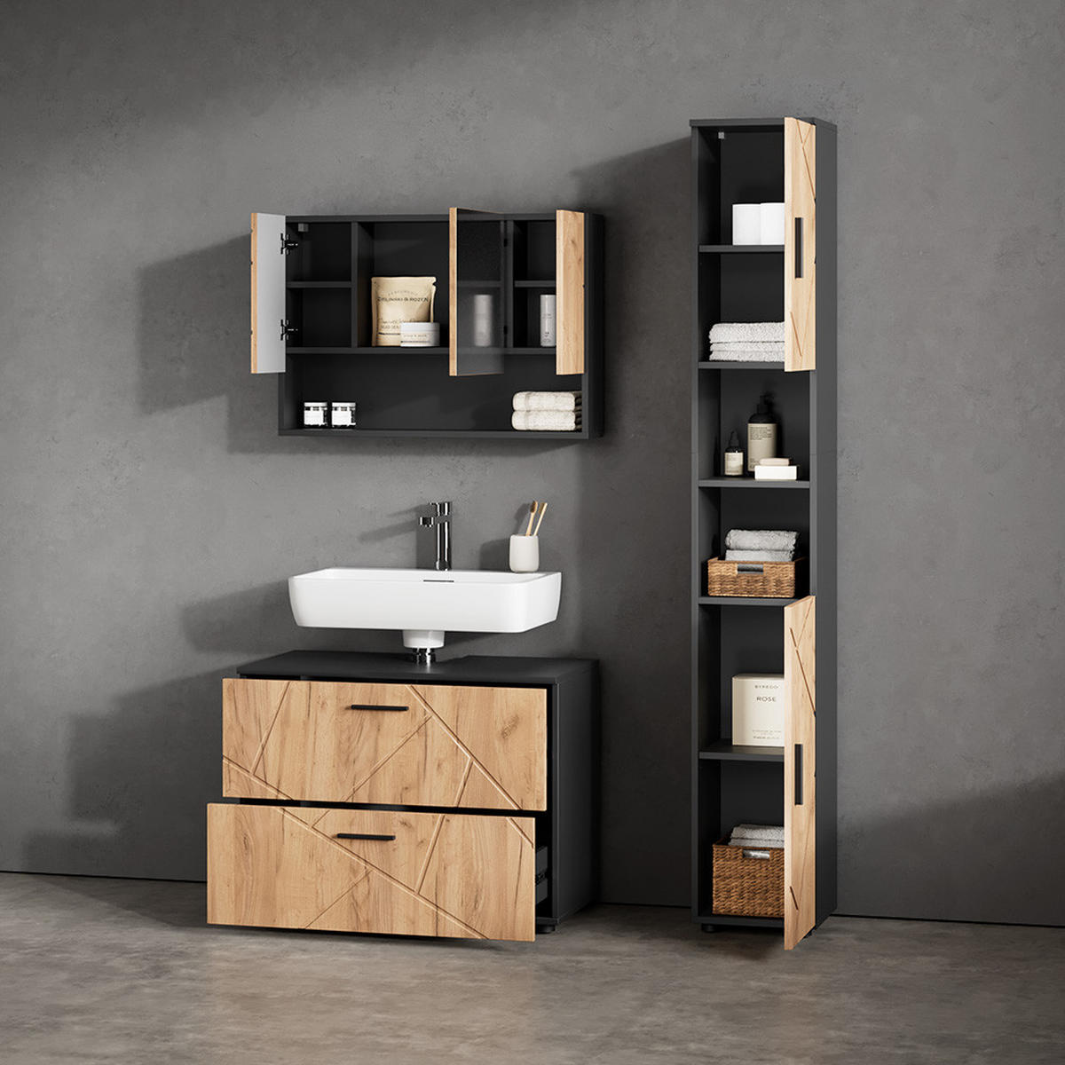 BADSCHRANK Ronco Goldkraft Eiche/Anthrazit 30 x 192 cm - Eiche Wotan, Holzwerkstoff (30/192/30cm) - Livinity®