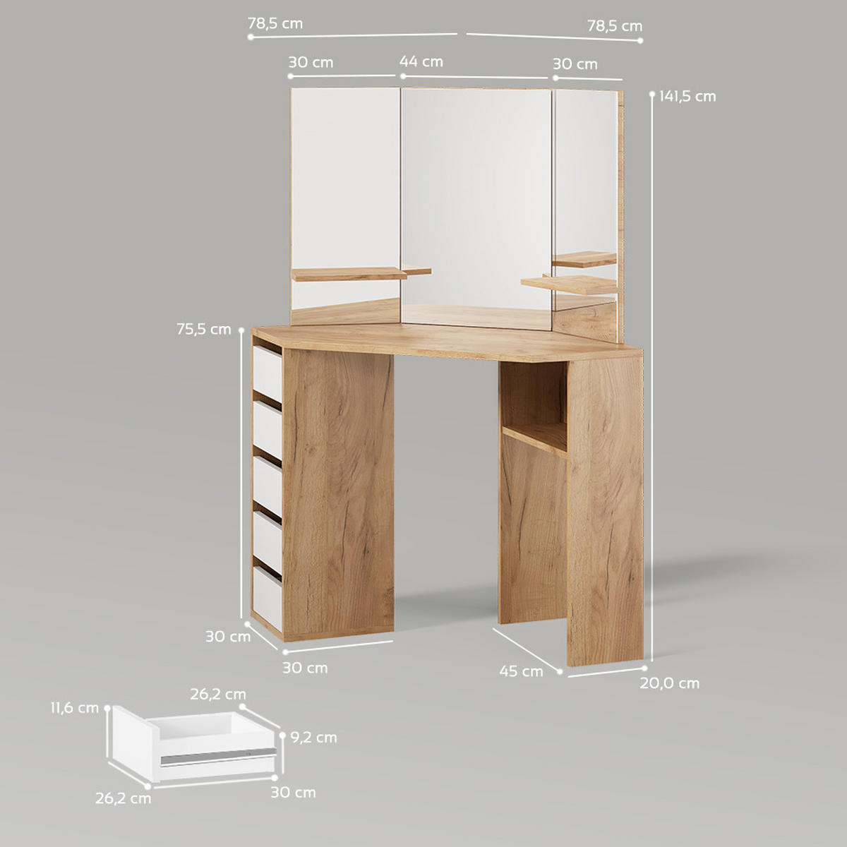 ECKSCHMINKTISCH Enna Goldkraft Eiche 110 cm - Honigeiche, Holzwerkstoff (110/141.5/54cm) - Livinity®
