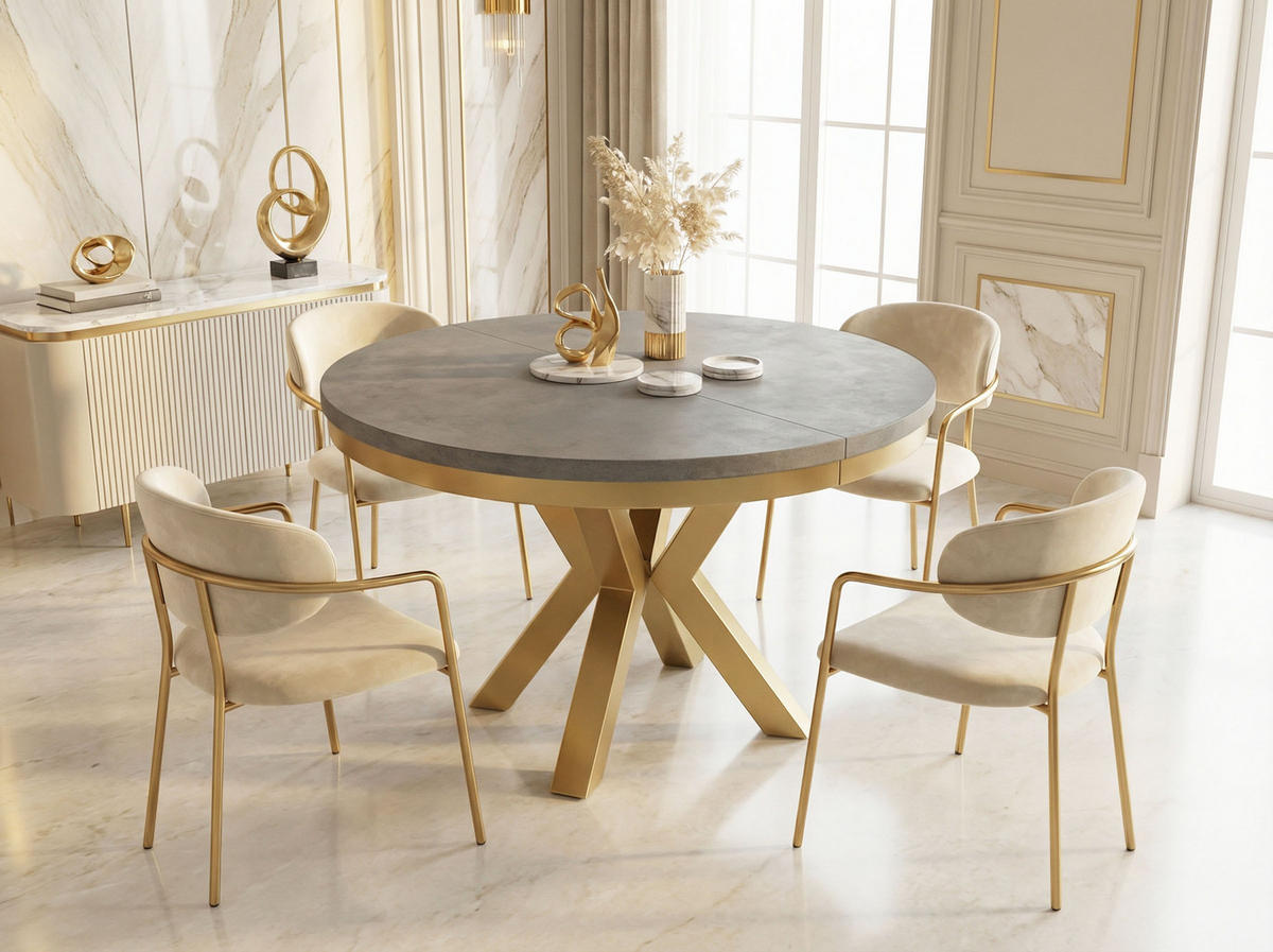 ESSTISCH Clara Gold runder ausziehbarer, Grauer Beton 100-180/100/76 cm - Goldfarben/Hellgrau, Holzwerkstoff/Metall (100/100/76cm) - WFL GROUP