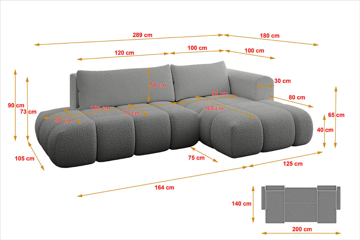 ECKSOFA Ottomane Rechts CLOUD-L 289x180x40 Hellgrau Bouclé - Hellgrau, Holzwerkstoff/Kunststoff (289/180cm) - ALTDECOR
