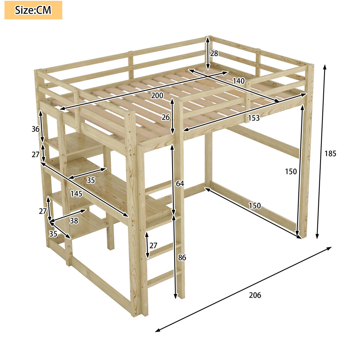 HOCHBETT mit Schreibtisch 140/200 cm aus Kiefernholz – mit Stauraum in Natur - Naturfarben, Holz (140/200cm) - BEAOK