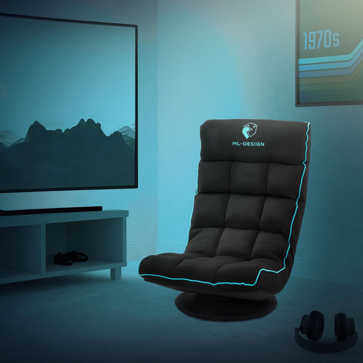 GAMINGOVÁ ŽIDLE NA PODLAHU Černá-tyrkysová látkový potah 360° otočná a nastavitelná - černá/tyrkysová, textil (56/85/92cm) - ML-DESIGN