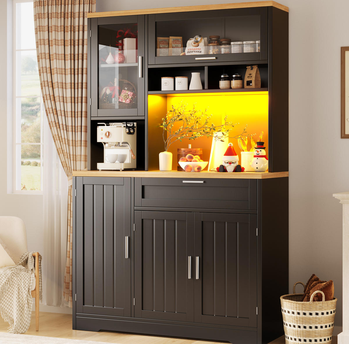 BUFFET 104/40/180 cm in Schwarz mit LED-Beleuchtung und Glastüren - Schwarz, Holzwerkstoff (104/180/40cm) - Flora Grace