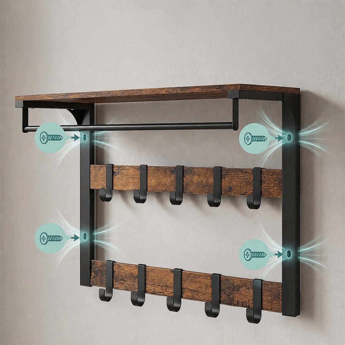WANDGARDEROBE Eiche Weiß 3-in-1 10 Haken 65 cm - Multicolor, Holzwerkstoff/Metall (65/42/30cm) - Relaxdays