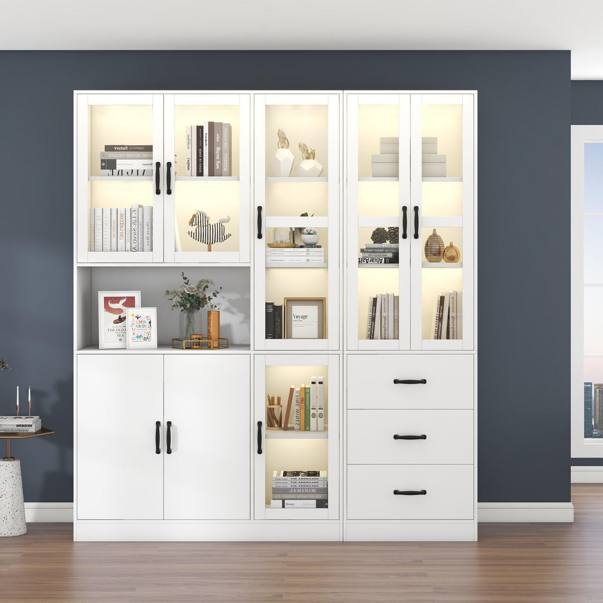 VITRINENSCHRANK 180/40/200 cm weiß aus Spanplatte mit LED und 8 Türen - Weiß, Holzwerkstoff (180/200/40cm) - OKWISH