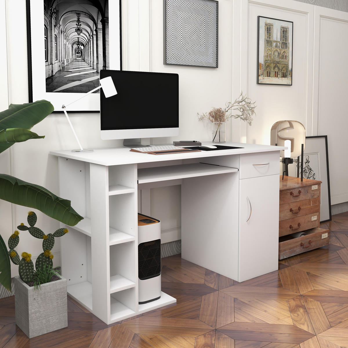 SCHREIBTISCH Weiß mit Tastaturauszug Schublade Schrank und Ablagen 120/60/74 cm - Weiß, Holzwerkstoff (60/120/74cm) - PANGIVO