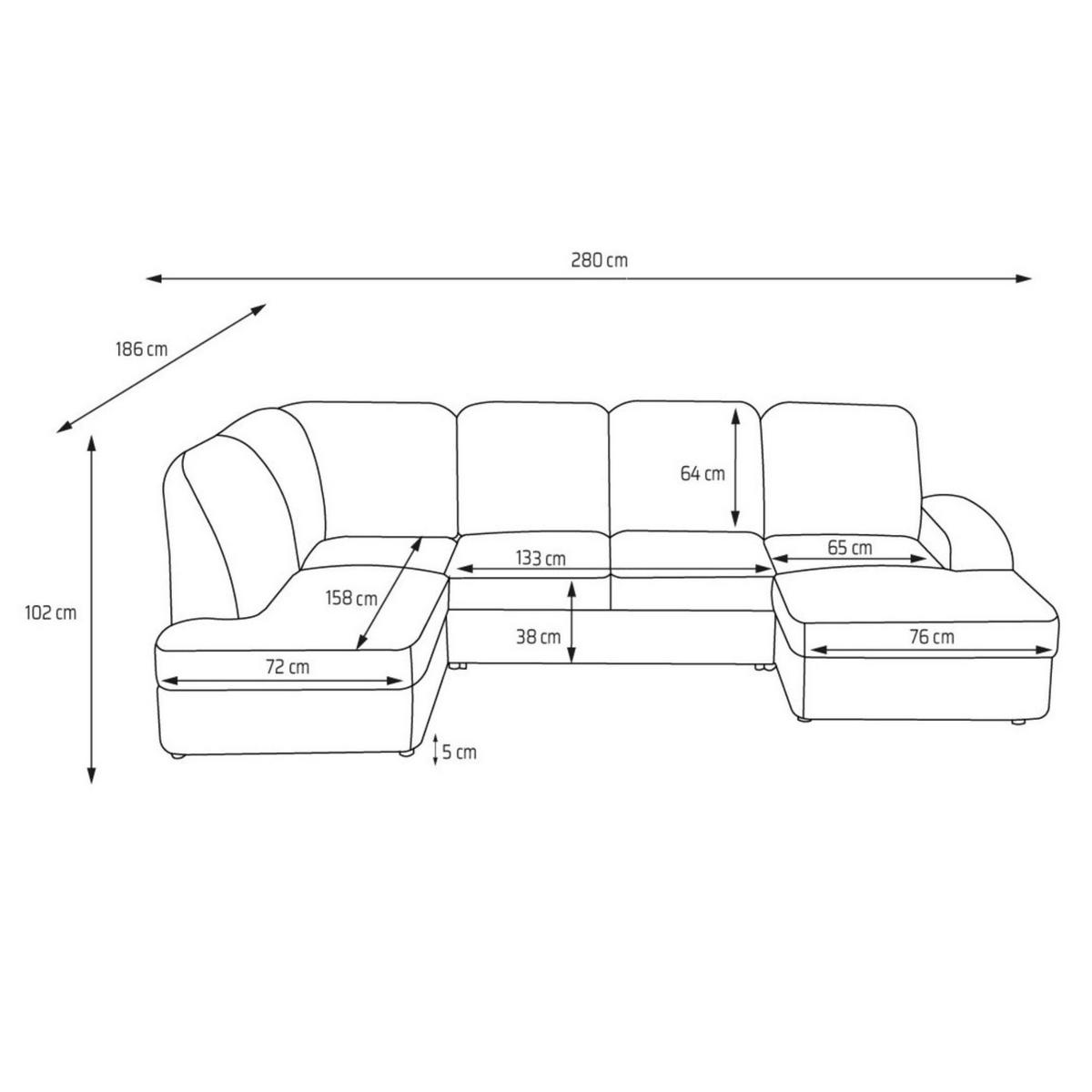 ECKSOFA VIBE U Links mit Schlaffunktion 129x263 Chenille Bordeaux - Bordeaux/Schwarz, Holz/Kunststoff (280/102/186cm) - Muffo
