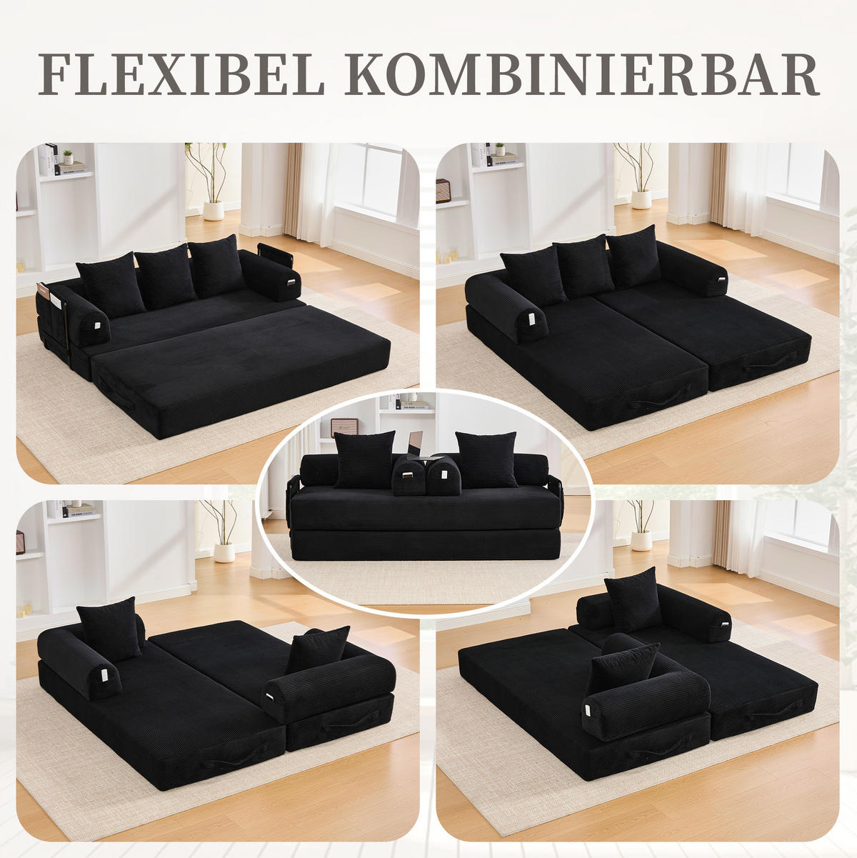 SOFA 200/94/67 cm aus Cord mit Metallrahmen und Seitentasche Schwarz - Schwarz, Textil (94/67/200cm) - Modenvie