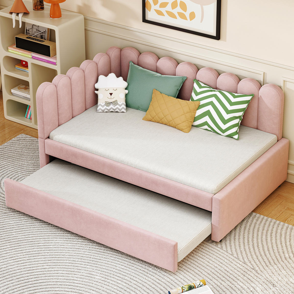 MULTIFUNKTIONSBETT mit Ausziehbett und blütenblattförmiger Rückenlehne Rosa 140/205/90 cm - Rosa, Leder (140/200cm) - OKWISH
