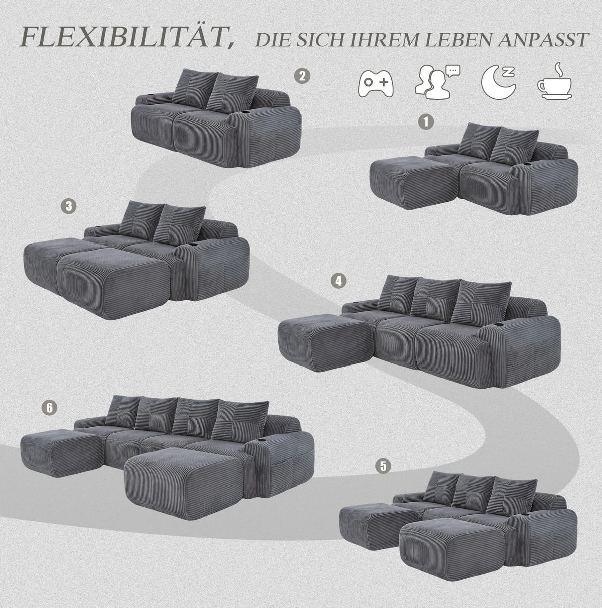 WOHNLANDSCHAFT Modulares 4-Sitzer Sofa 333/174/80 cm dunkelgrau aus Cord mit Getränkehalter und Aufbewahrungstasche - Dunkelgrau, Textil (174/80/333cm) - Modenvie