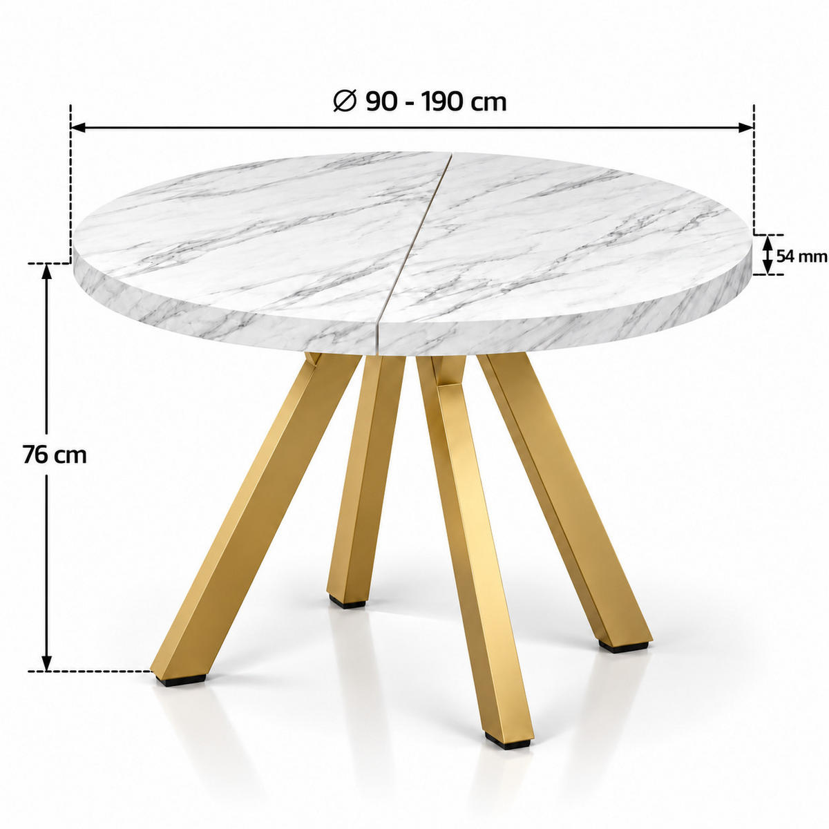 ESSTISCH rund ausziehbar 90/190/76 cm, Marmor, 54 cm Tischplatte + Y Metallgestell Gold - Goldfarben/Hellgrau, Holzwerkstoff/Metall (90/190/76cm) - Damale Möbel