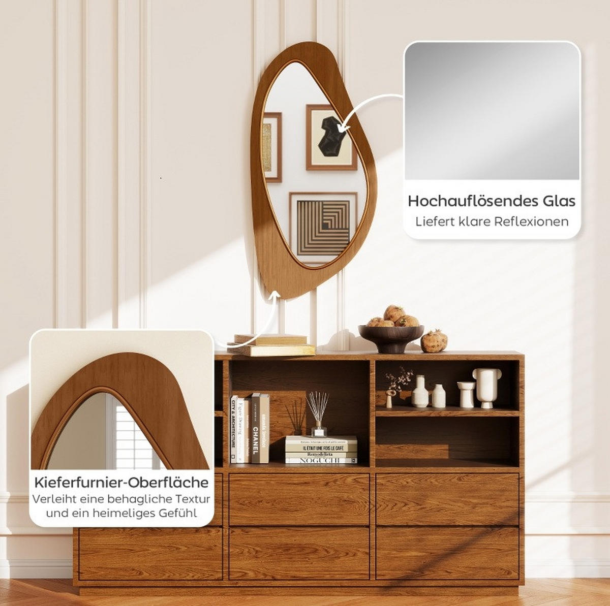 WANDSPIEGEL 91,5/45/3 cm natur aus Kiefernfurnier und MDF mit Haken - Naturfarben, Glas (45/3/91.5cm) - OKWISH