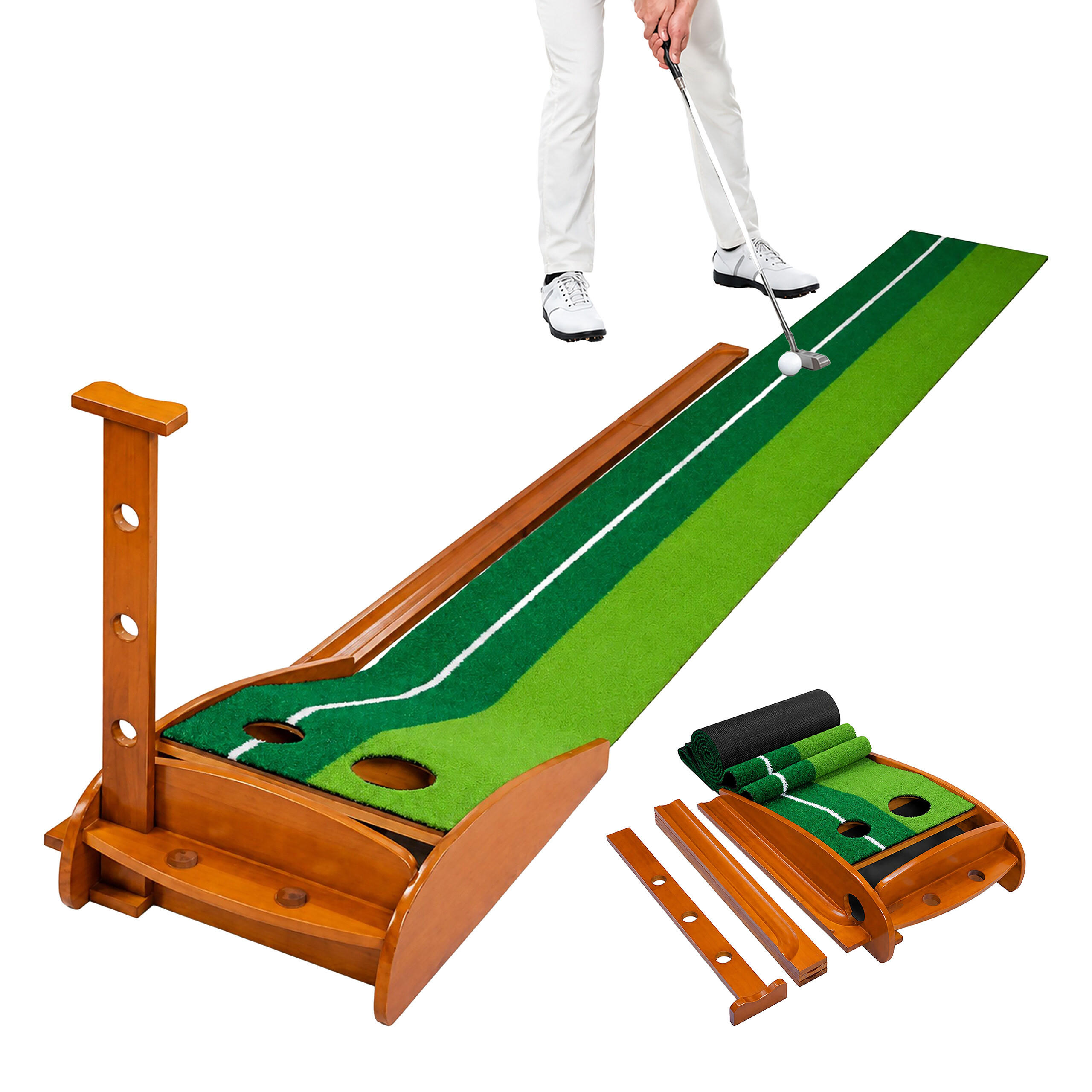 PUTTINGMATTE Natur Grün automatische Ballrückgabe 300 cm - Multicolor, Holz/Kunststoff (37.5/300cm) - Relaxdays