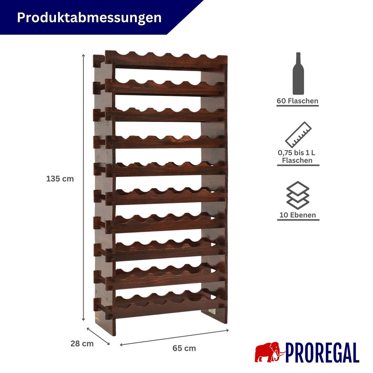WEINREGAL NAVARRA aus Holz 135x65x28cm 60 Flaschen auf 10 Ebenen Braun geölt - Braun, Holz (65/135/28cm) - PROREGAL