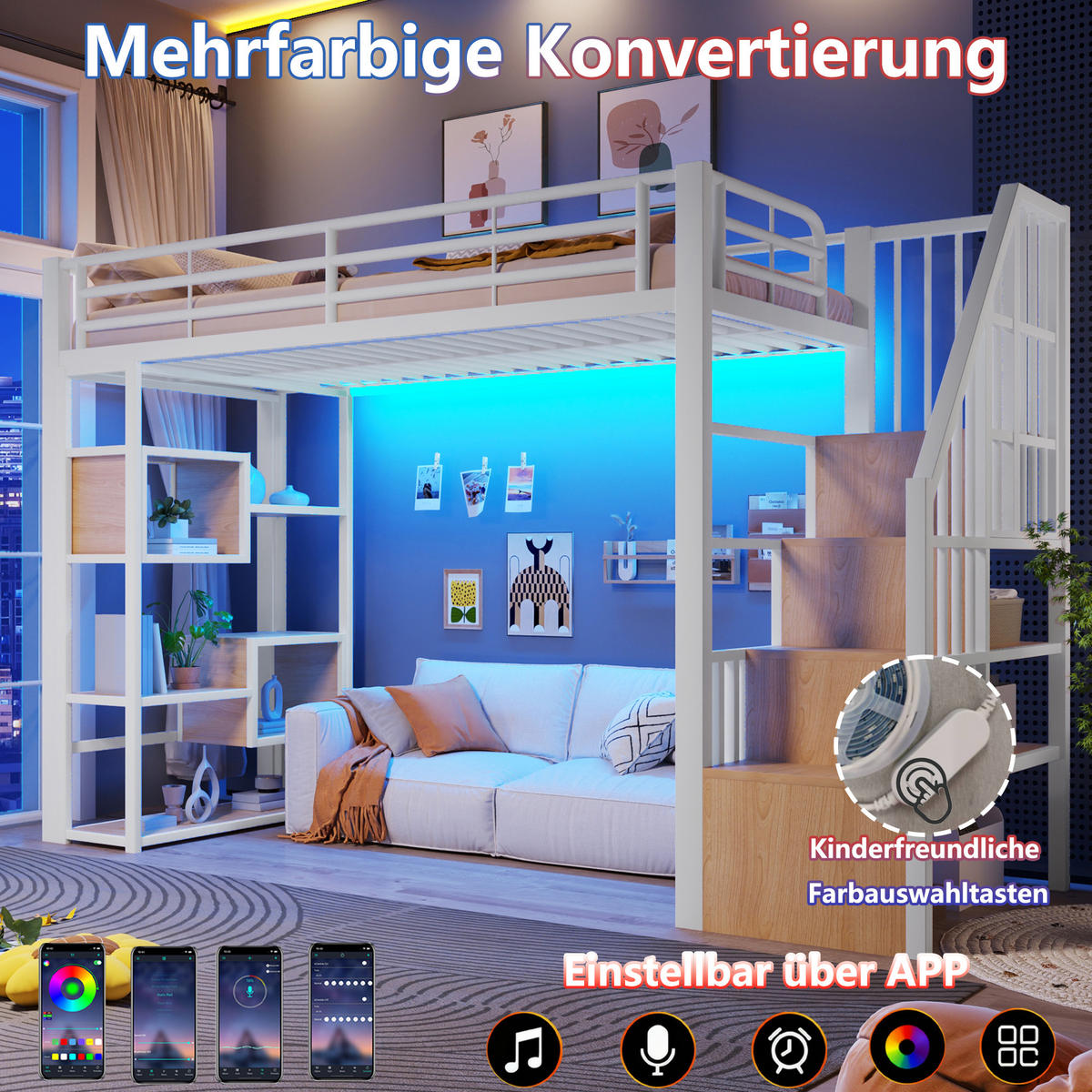 HOCHBETT 90x200cm, Eisen, Ablage, Stufen, Geländer, LED, Stauraum, ohne Matratze, Weiß - Weiß, Holzwerkstoff (90/200cm)