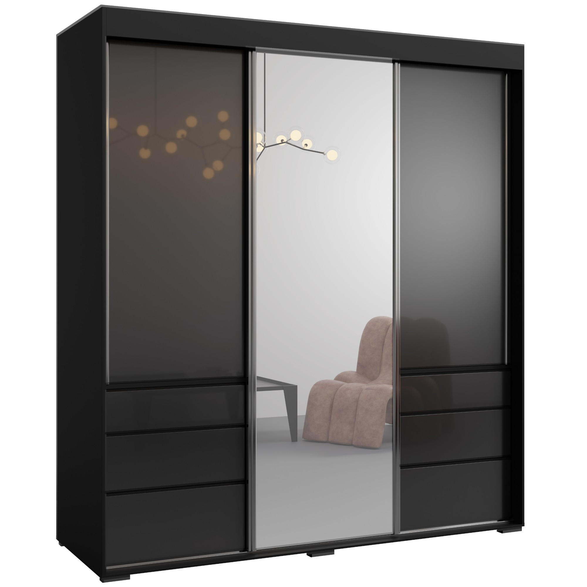 SCHIEBETÜRENSCHRANK mit Schubladen und Spiegel Torino 3D1L 180 Schwarz (Lacobel) - Silberfarben/Schwarz, Holzwerkstoff/Metall (180/204/65cm) - mzm24